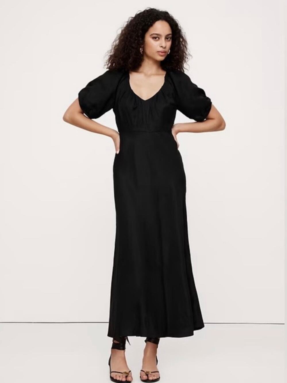 Banana Republic Viscose Linen Ruched Maxi Dress Black 20 NEW
